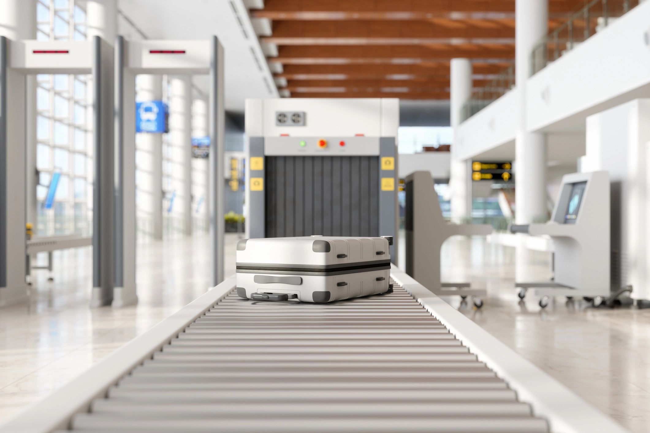 Airport security checkpoint with luggage